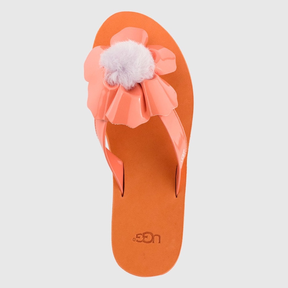 UGG Womens Sandals Coral Patent Poppy Fur Logo Pom Pom Flower Flip Flop Size 6